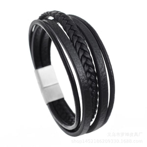 Popular men's magnetic buckle leather Bracelet, leather braided stainless steel leather Bracelet