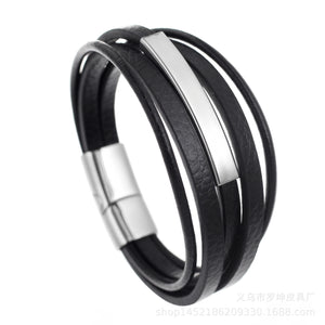 Popular men's magnetic buckle leather Bracelet, leather braided stainless steel leather Bracelet