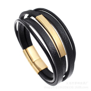 Popular men's magnetic buckle leather Bracelet, leather braided stainless steel leather Bracelet