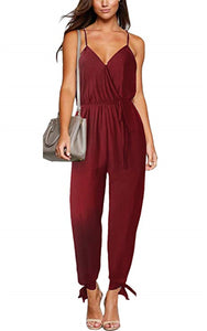 Sexy backless tether deep V-neck strap cotton long jumpsuit