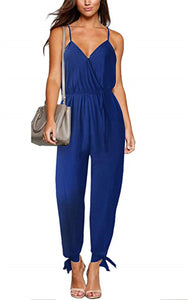 Sexy backless tether deep V-neck strap cotton long jumpsuit