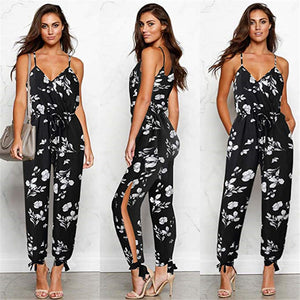 Sexy backless tether deep V-neck strap cotton long jumpsuit