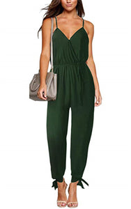 Sexy backless tether deep V-neck strap cotton long jumpsuit