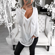 Load image into Gallery viewer, Sexy V-neck loose pocket long sleeve T-shirt
