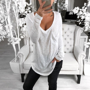 Sexy V-neck loose pocket long sleeve T-shirt