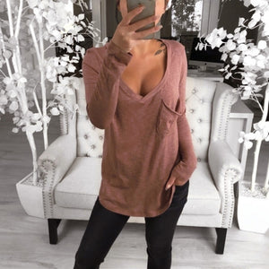 Sexy V-neck loose pocket long sleeve T-shirt