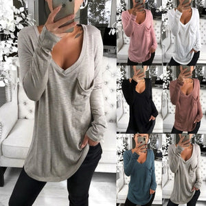 Sexy V-neck loose pocket long sleeve T-shirt