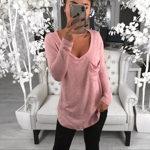 Sexy V-neck loose pocket long sleeve T-shirt