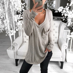 Sexy V-neck loose pocket long sleeve T-shirt