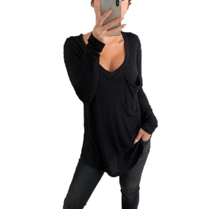 Sexy V-neck loose pocket long sleeve T-shirt