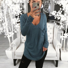 Load image into Gallery viewer, Sexy V-neck loose pocket long sleeve T-shirt
