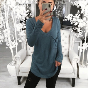 Sexy V-neck loose pocket long sleeve T-shirt