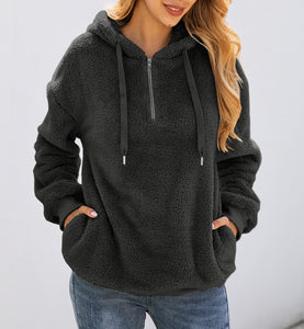 Fashion zipper pocket hooded plush sweater, Sherpa Pullover