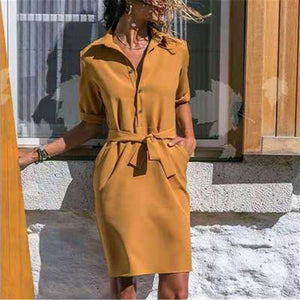 Autumn and winter women's lapel solid color 3/4 sleeve shirt Dress