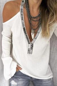 Solid color V-neck sequined long-sleeved T-shirt