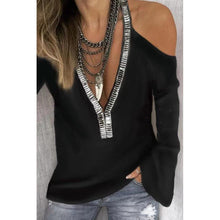 Load image into Gallery viewer, Solid color V-neck sequined long-sleeved T-shirt
