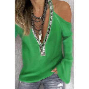 Solid color V-neck sequined long-sleeved T-shirt