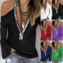 Load image into Gallery viewer, Solid color V-neck sequined long-sleeved T-shirt
