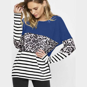 Leopard-print stitching long-sleeved T-shirt