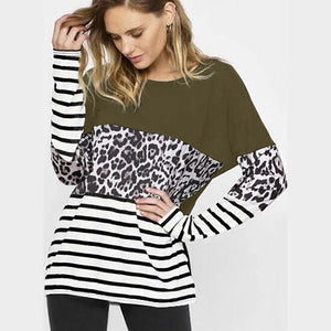 Leopard-print stitching long-sleeved T-shirt