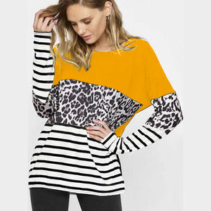 Leopard-print stitching long-sleeved T-shirt