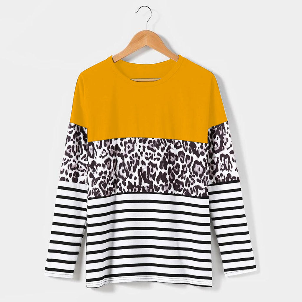 Leopard-print stitching long-sleeved T-shirt