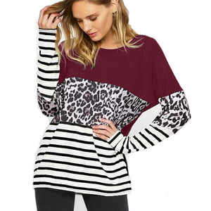 Leopard-print stitching long-sleeved T-shirt