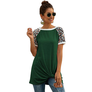 Round neck leopard stitching twisted short-sleeved T-shirt