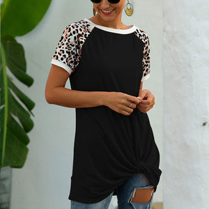 Round neck leopard stitching twisted short-sleeved T-shirt