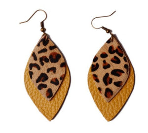 Trendy Leather Stud Earrings, Punk Style Leopard Print Water Drop Shaped Leather Earrings