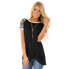 Load image into Gallery viewer, Round neck leopard stitching twisted short-sleeved T-shirt
