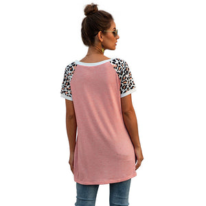 Round neck leopard stitching twisted short-sleeved T-shirt