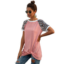 Load image into Gallery viewer, Round neck leopard stitching twisted short-sleeved T-shirt
