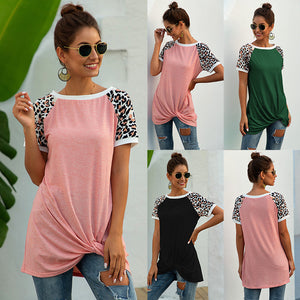 Round neck leopard stitching twisted short-sleeved T-shirt