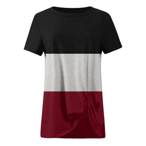 Women's round neck stitching knot short-sleeved T-shirt Tops