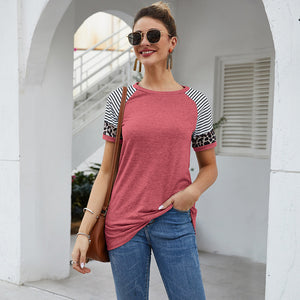 Round neck leopard stitching short sleeve T-shirt