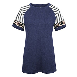 Round neck leopard stitching short sleeve T-shirt