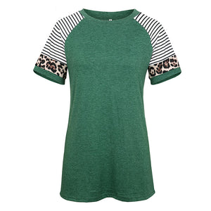 Round neck leopard stitching short sleeve T-shirt