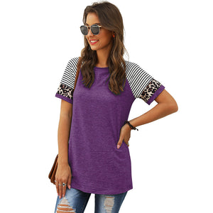 Round neck leopard stitching short sleeve T-shirt