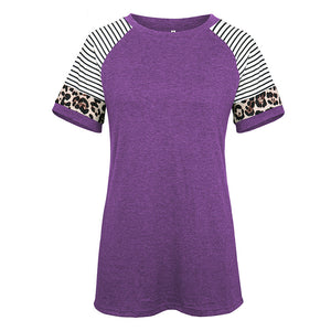 Round neck leopard stitching short sleeve T-shirt