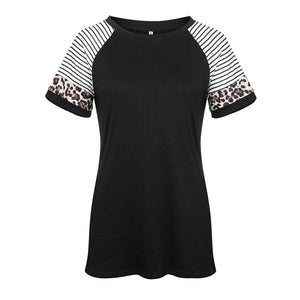 Round neck leopard stitching short sleeve T-shirt