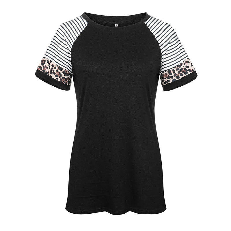 Round neck leopard stitching short sleeve T-shirt