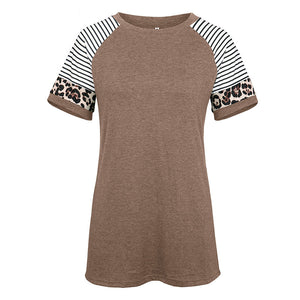 Round neck leopard stitching short sleeve T-shirt