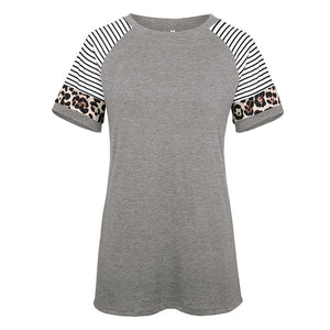 Round neck leopard stitching short sleeve T-shirt