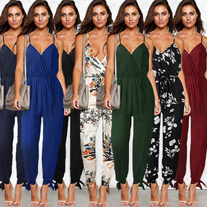 Sexy backless tether deep V-neck strap cotton long jumpsuit