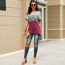 Load image into Gallery viewer, New round neck striped leopard stitching short sleeve T-shirt
