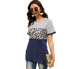 Load image into Gallery viewer, New round neck striped leopard stitching short sleeve T-shirt
