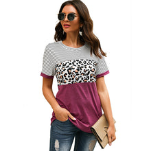 Load image into Gallery viewer, New round neck striped leopard stitching short sleeve T-shirt
