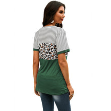 Load image into Gallery viewer, New round neck striped leopard stitching short sleeve T-shirt
