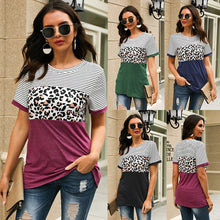 Load image into Gallery viewer, New round neck striped leopard stitching short sleeve T-shirt
